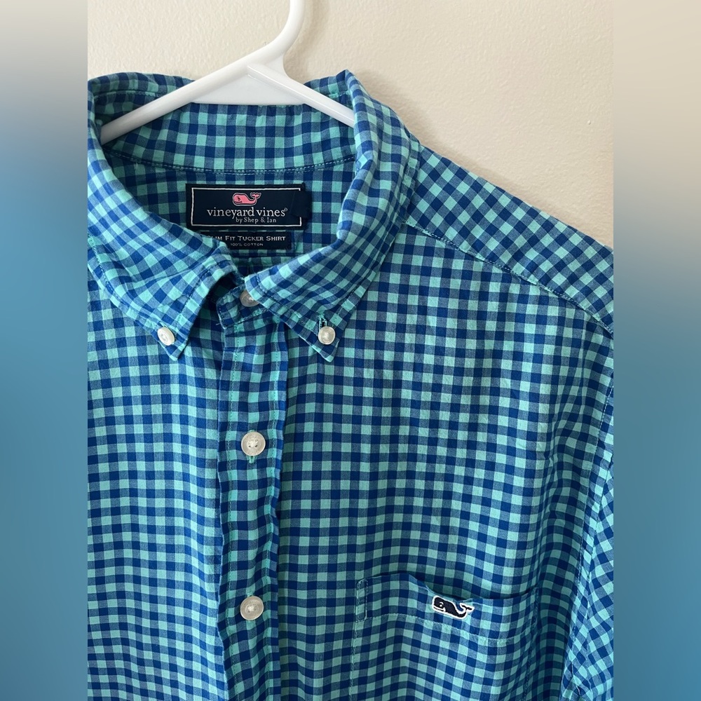 Vineyard Vines Slim Fit Tucker Shirt Blue and Green Check, Medium